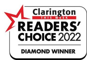 Clear communication skills award badge for Clarington Readers' Choice 2022, diamond winner recogniti.
