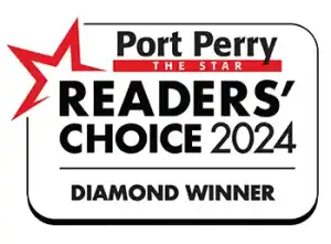 Clear award badge for Port Perry Readers' Choice 2024, Diamond Winner, featuring star graphic.